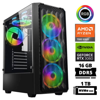 Xaser Delux X30 Ryzen 5 7500F 16GB DDR5 Ram 1TB M.2 NVMe SSD 12GB RTX3060 Masaüstü Oyuncu Bilgisayarı - 1