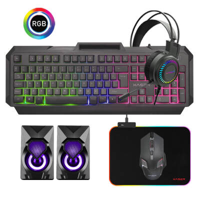 XASER XS-KJJ485 5IN1 Rainbow Aydınlatmalı USB Gaming Combo Q Klavye +Kulaklık + Mouse + RGB Mousepad+Speakers - 1